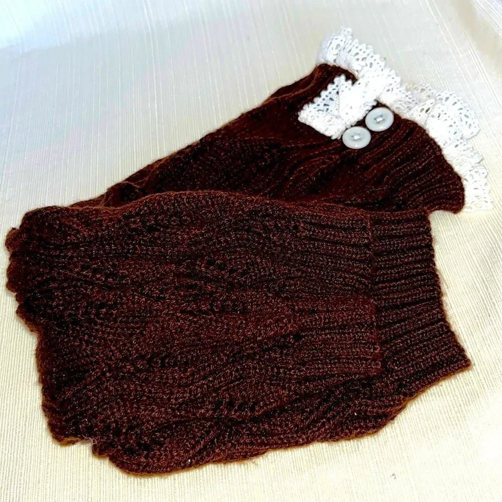 Boot Socks Brown and Cream Cozy Soft & Warm with Ruffle & Button Detail